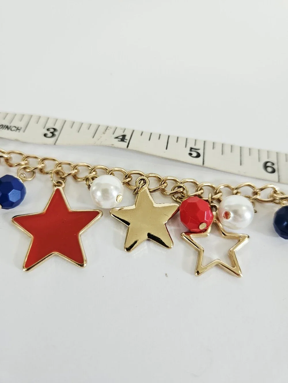 American USA Patriotic Stars Enamel Beaded Gold Tone Chain Chunky Charm Bracelet